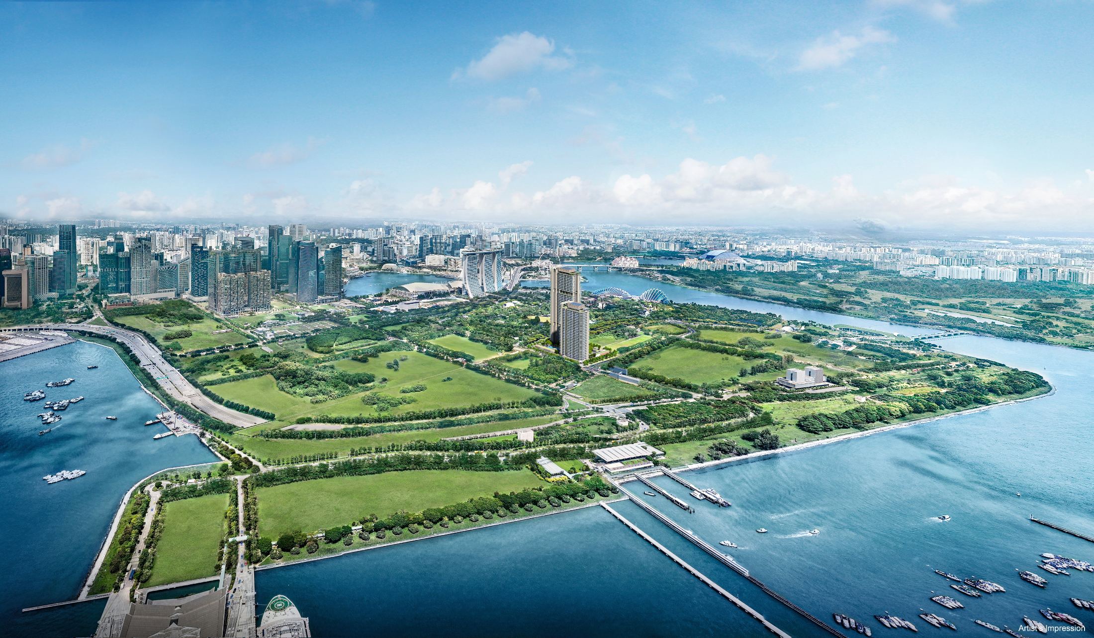 Artist's impression of an aerial view of the Marina South area beside Gardens by the Bay
