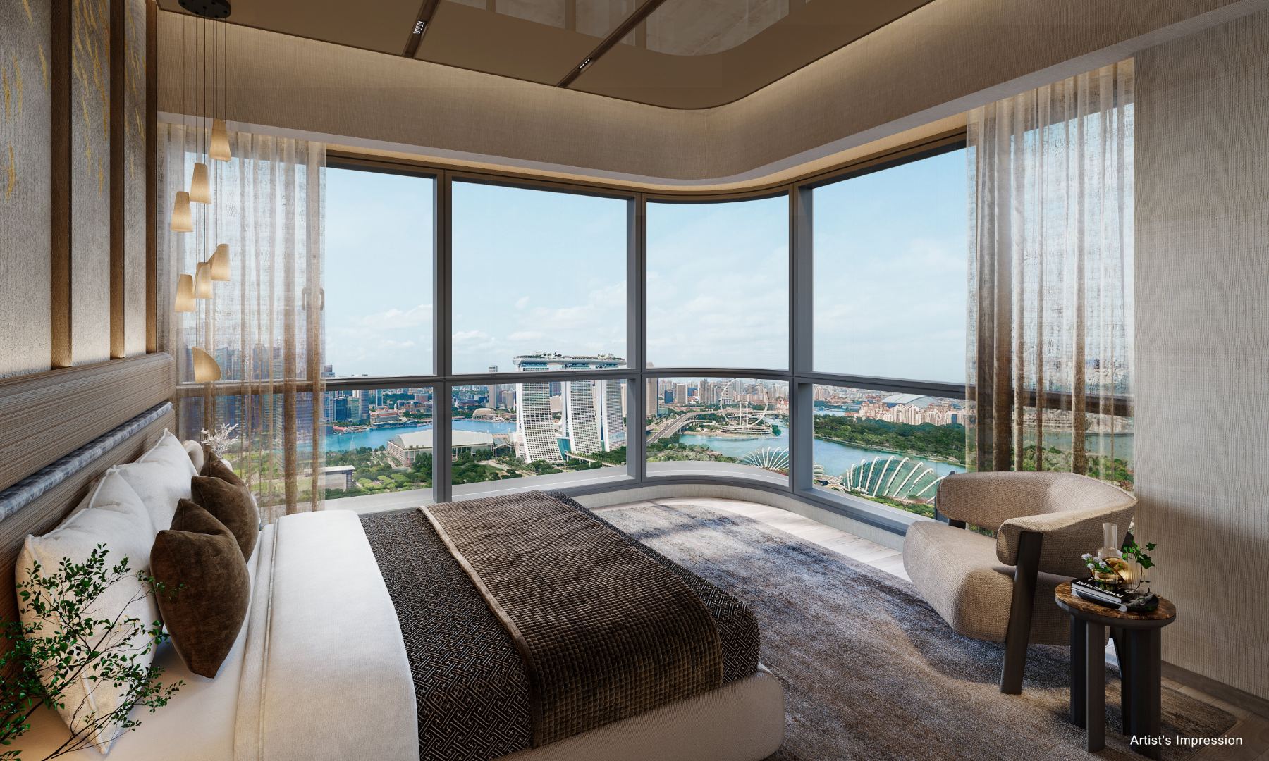 Artist's impression of a bedroom with floor-to-ceiling windows