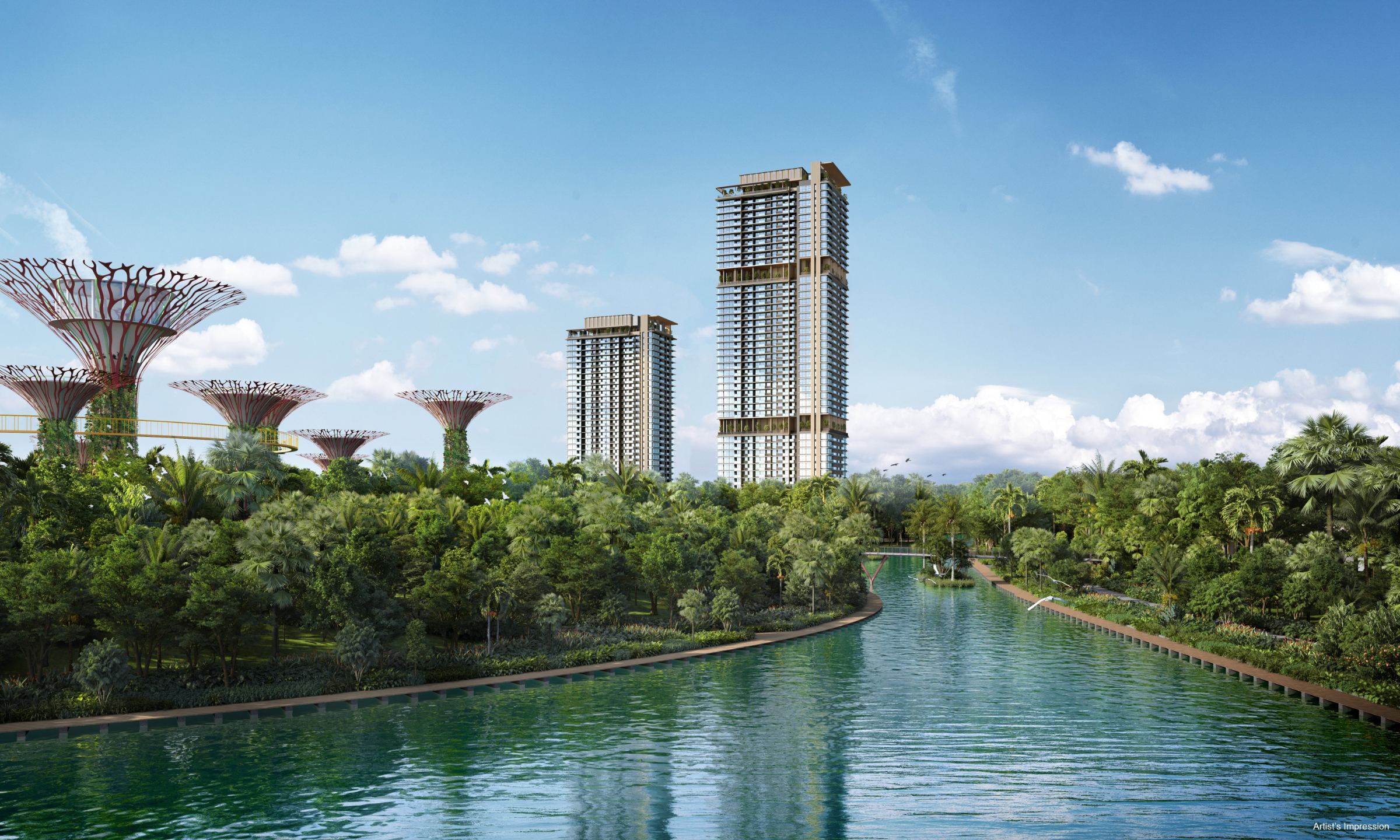 Artist's impression of the two One Marina Gardens towers seen across the water beside Gardens by the Bay