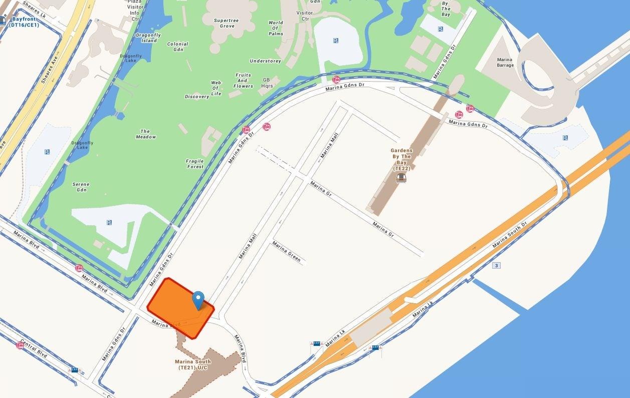 Location map showing the One Marina Gardens site on Marina Gardens Lane, beside Gardens by the Bay and the future Marina South MRT station (TE21)