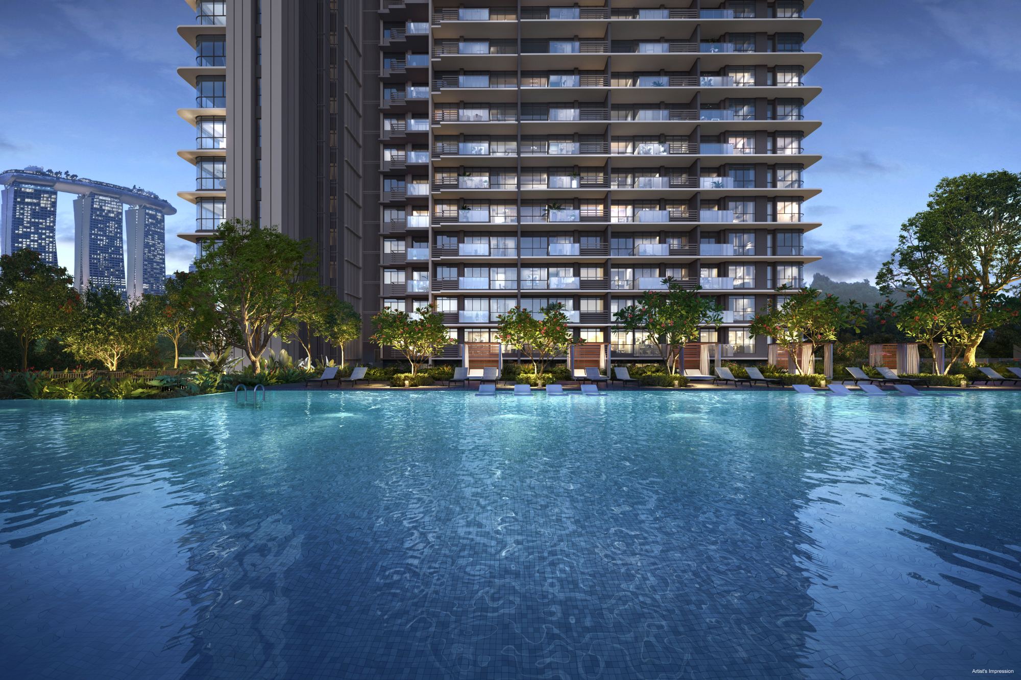 Artist's impression of the pool deck with the residential tower behind