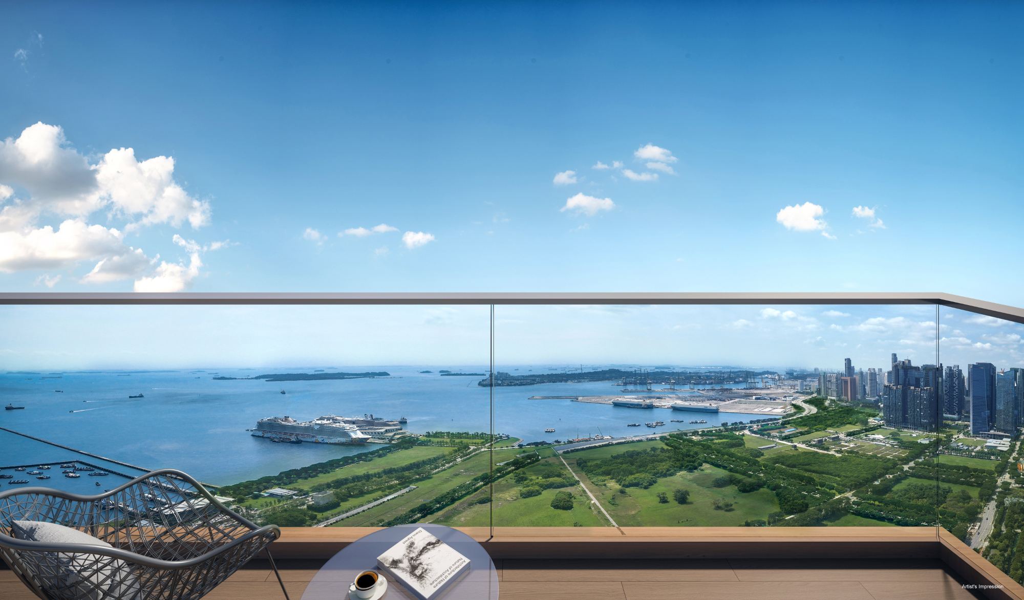 Artist's impression of a view from a high floor towards the sea and Gardens by the Bay