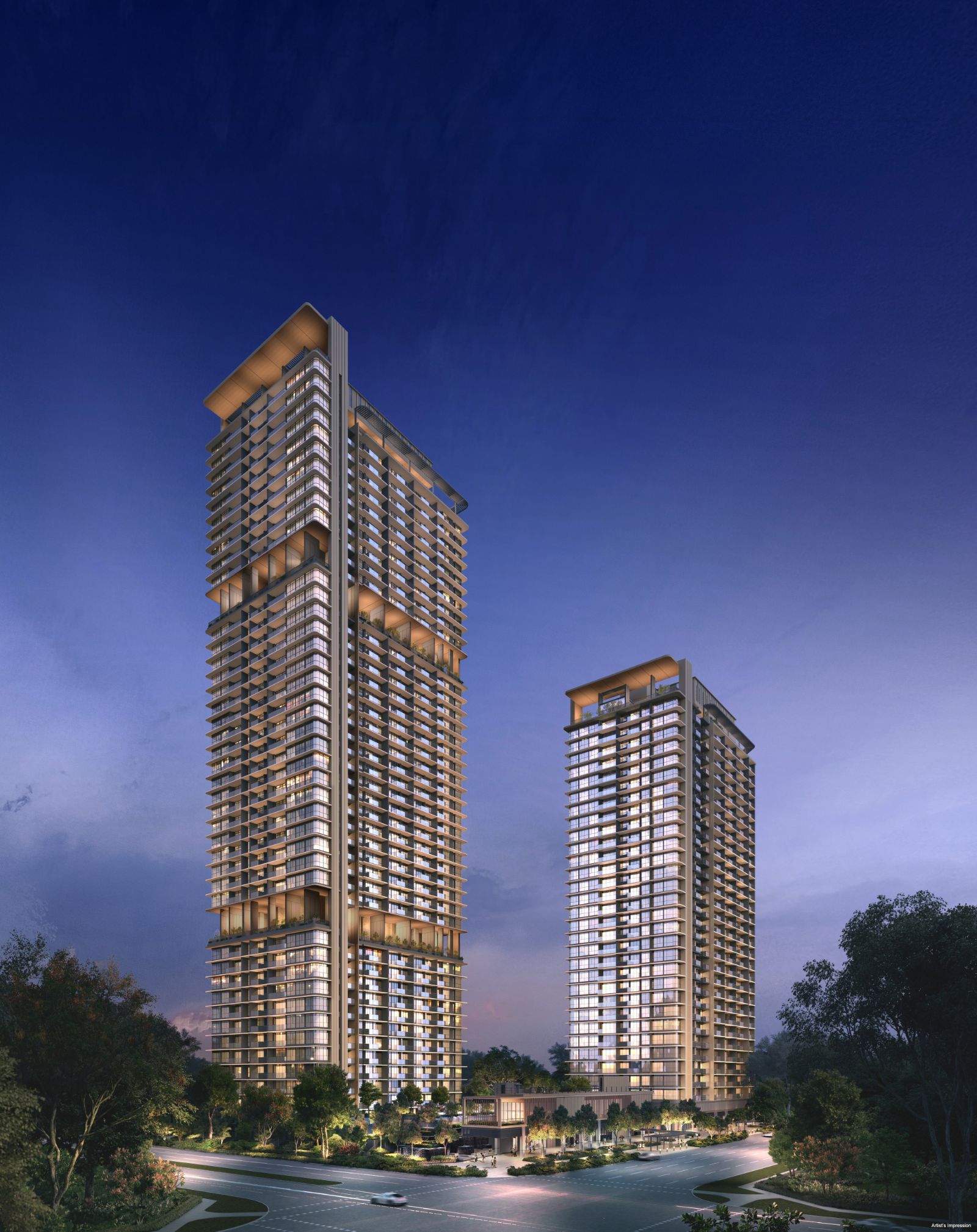 Artist's impression of One Marina Gardens' 44-storey and 30-storey towers at dusk
