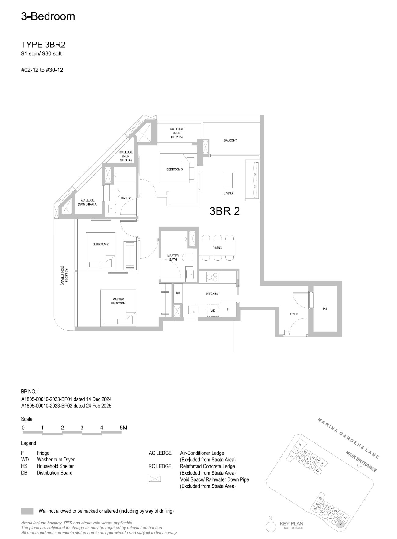 Floor plan, 3 Bedroom — Type 3BR2 — 980 sq ft
