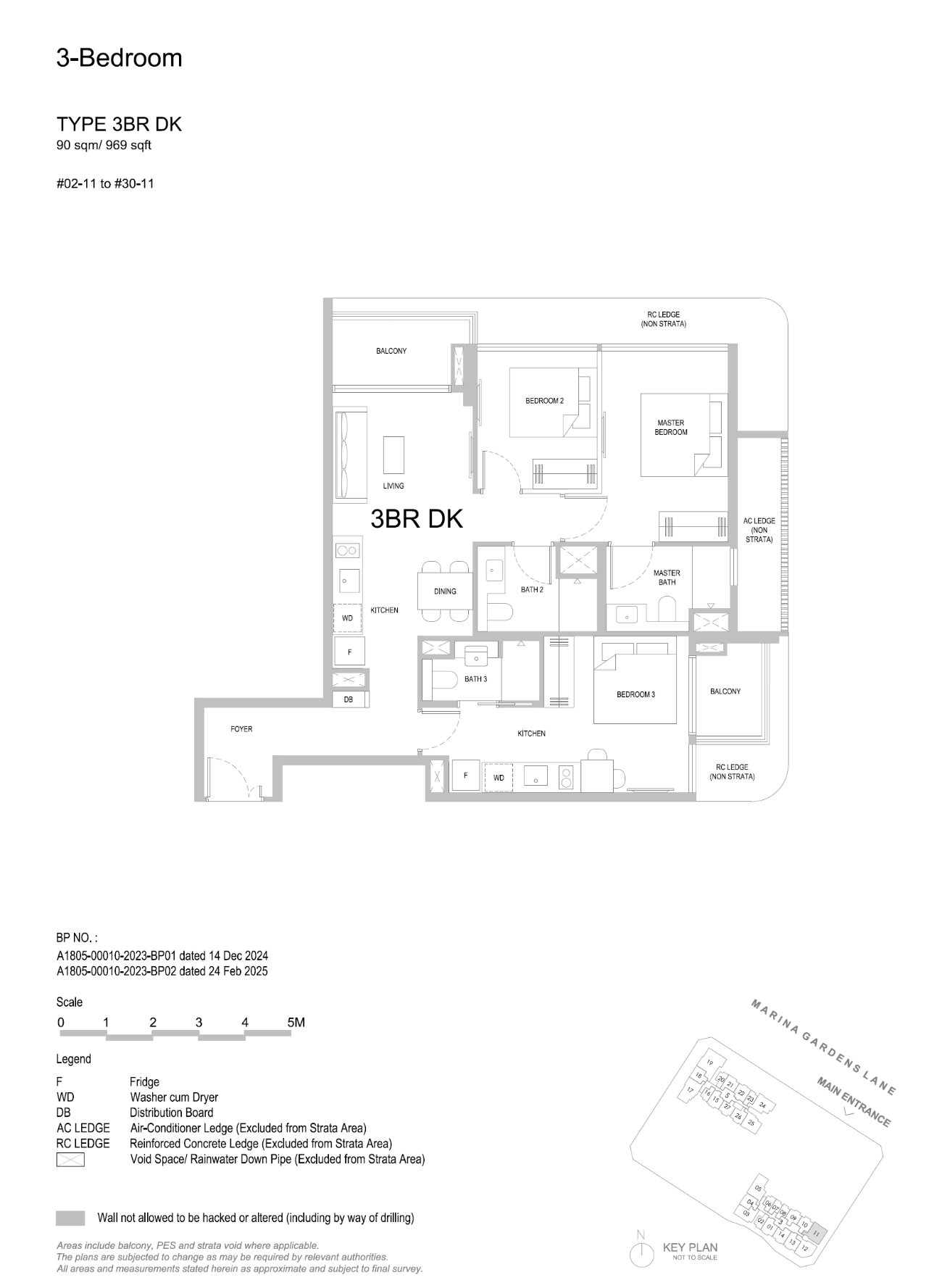 Floor plan, 3 Bedroom (Dual Key) — Type 3BR DK — 969 sq ft